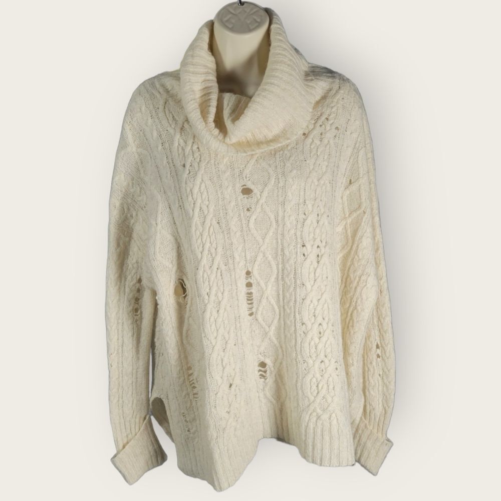 Free People Wool/Alpaca Blend Oversized Cowl Neck Distressed Sweater Size Small